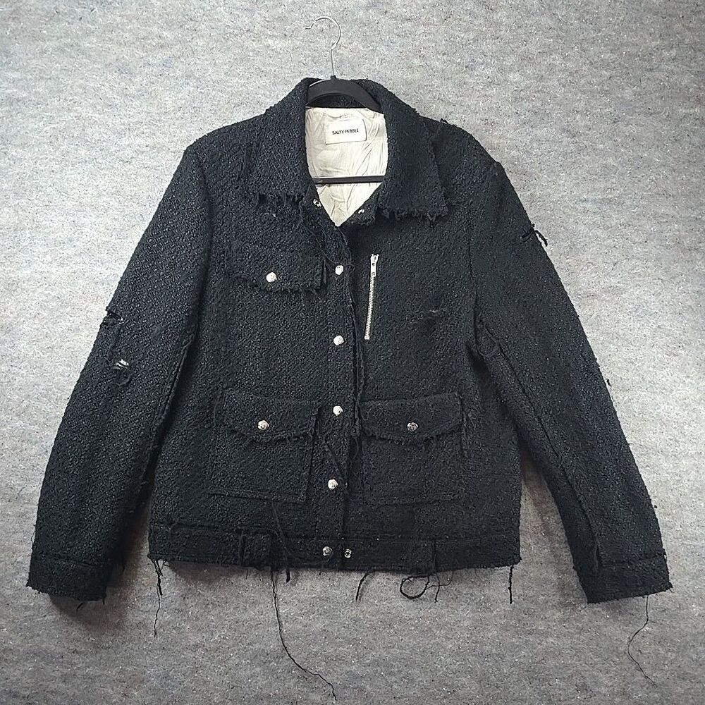 Salty Pebble Distressed Utililty Jacket Snap Up Black Wool Blend Womens sz S